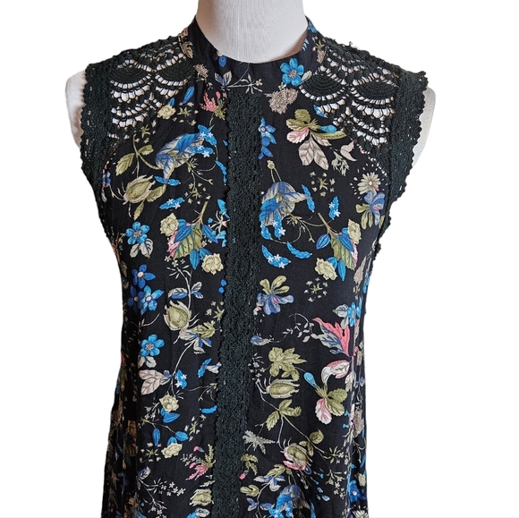 Ethereal by Paper Crane Black Floral Sleeveless Dress Sz S ? Crotchet Trim READ - Picture 2 of 14